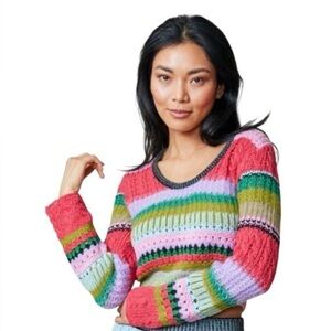 LINGUA FRANCA | Pink Stripe Ashby Stitch Knit Crop Sweater in Taffy Multi Large